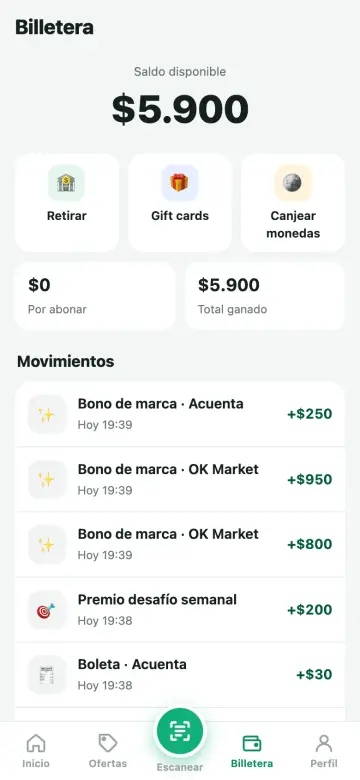 Billetera con saldo y movimientos